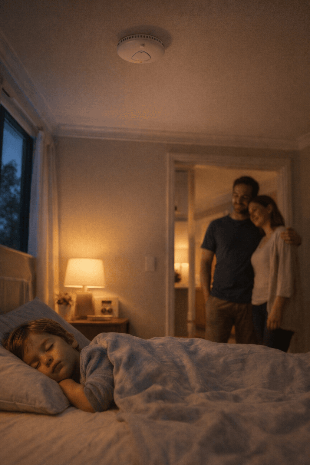 Child sleeping safely with smoke alarms installed